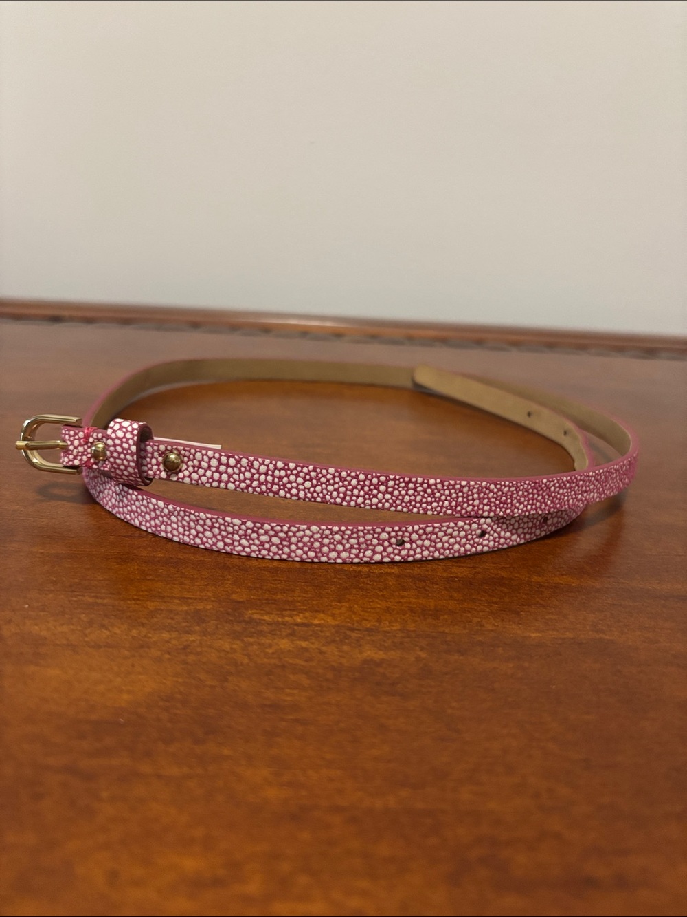 Ann Taylor Pink Textured Skinny Belt with Gold Buckle